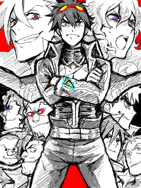 00s 1girl 6+boys ailac_coega barinbo core_drill crossed_arms jogan kamina_(ttgl) kidd_coega kittan_bachika makken matsukaze_yukiji multiple_boys nia_teppelin simon_(ttgl) spot_color tegaki tengen_toppa_gurren_lagann zoushi_kanai