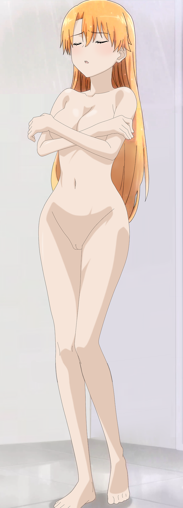 1girl anime_screenshot barefoot blush breasts brown_hair cleft_of_venus closed_eyes covering_breasts covering_privates feet highres interior kiryuu_yuuzuki kissxsis large_breasts legs long_hair navel nude open_mouth pussy showering solo teacher thighs wet