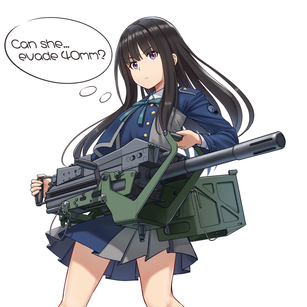 1girl aqua_ribbon automatic_grenade_launcher black_hair blue_jacket dress english_text grenade_launcher inoue_takina jacket jpc long_hair looking_at_viewer lycoris_recoil mk_19_grenade_launcher neck_ribbon ribbon school_uniform shirt sidelocks simple_background solo speech_bubble thought_bubble two-tone_dress weapon white_background white_shirt