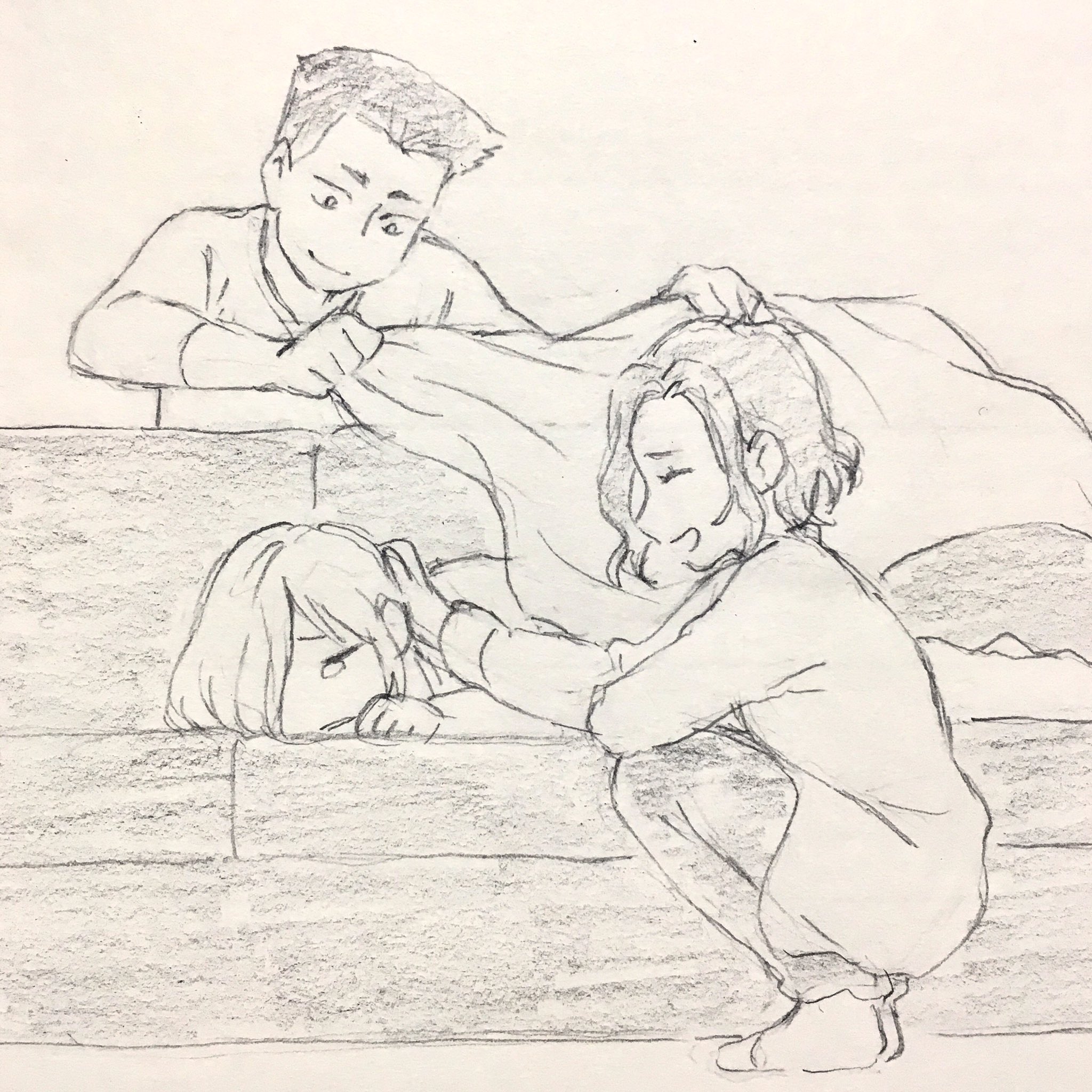 10s 1girl 2boys blanket couch closed_eyes georgi_popovich graphite_(medium) highres itou_noriko lying mila_babicheva monochrome multiple_boys official_art on_side open_mouth sketch sleeping smile squatting tears traditional_media yuri!!!_on_ice yuri_plisetsky