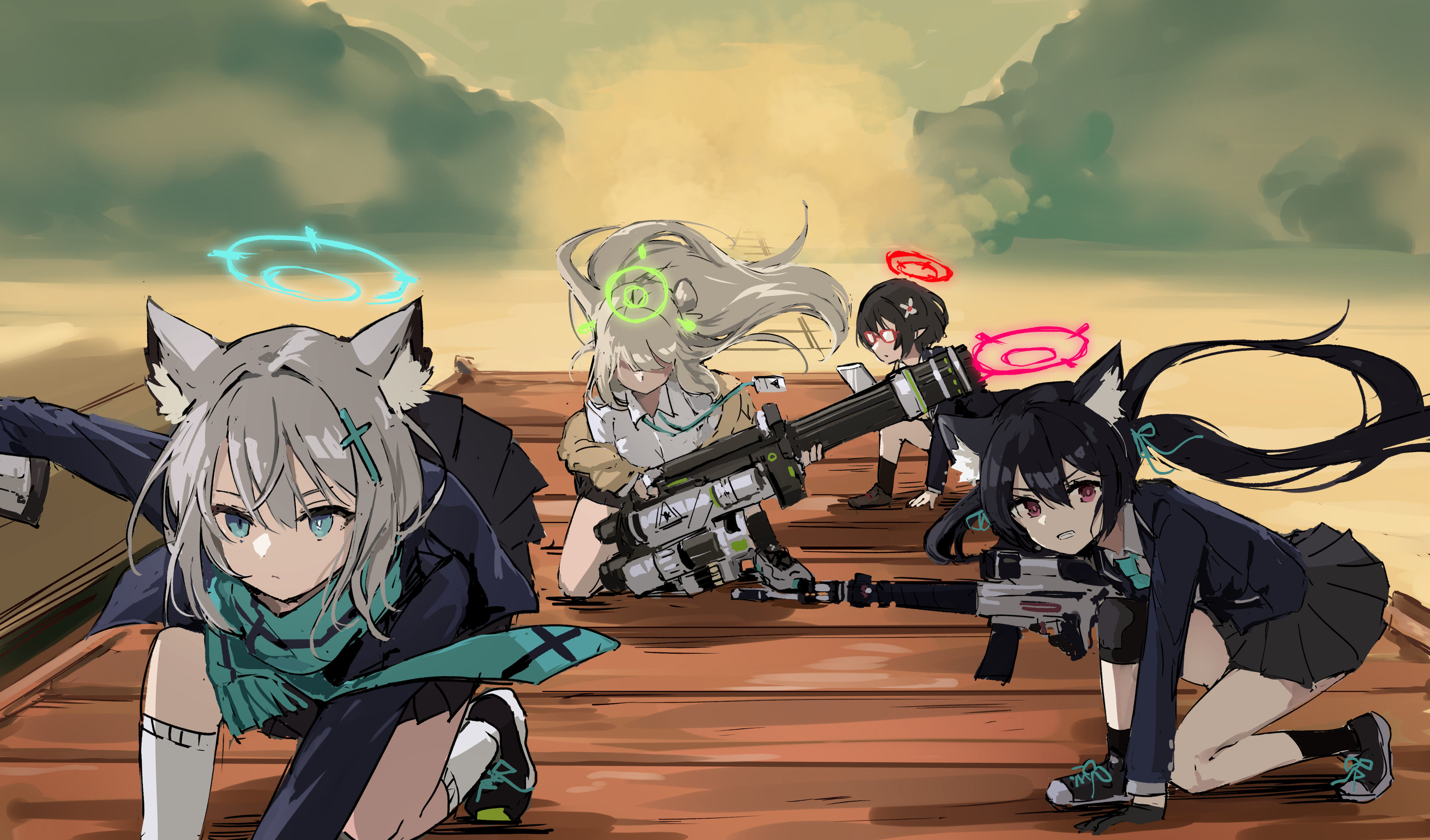 4girls absurdres animal_ear_fluff animal_ears assault_rifle ayane_(blue_archive) beretta_ar70/90 black_footwear black_jacket black_skirt black_socks blazer blue_archive blue_eyes blue_jacket blue_necktie blue_scarf brown_cardigan brown_hair cardigan clenched_hand collared_shirt faceless faceless_female floating_hair gatling_gun glasses grey_hair gun hair_between_eyes halo highres jacket knee_pads m134_minigun multiple_girls necktie nonomi_(blue_archive) off_shoulder on_one_knee opaque_glasses open_cardigan open_clothes osisio pleated_skirt pointy_ears railroad_tracks red-framed_eyewear red_eyes rifle scarf school_uniform serika_(blue_archive) shiroko_(blue_archive) shirt shoes sig_sauer sig_sauer_556 single_knee_pad skirt socks weapon white_shirt white_socks wolf_ears