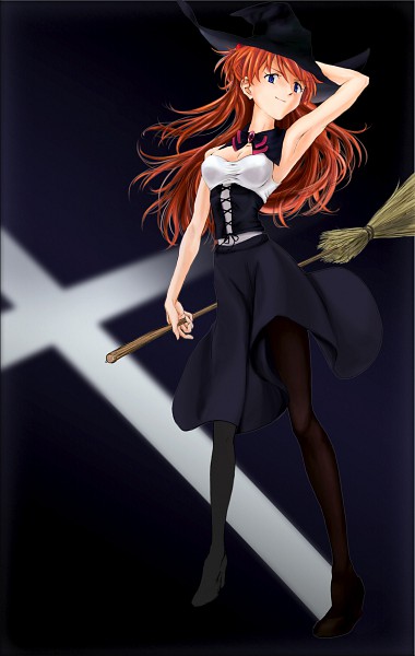 1girl black_dress blue_eyes broom brown_hair cosplay custom dress female_focus full_body grin halloween hat legs long_hair looking_at_viewer neon_genesis_evangelion pantyhose smile solo souryuu_asuka_langley standing witch witch_hat