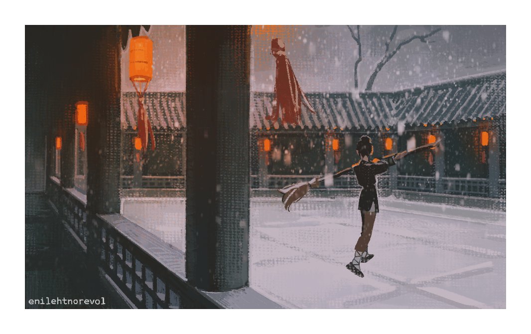 1boy ankle_wrap architecture artist_name bare_tree black_hair black_shirt black_shoes border broom building chinese_clothes column courtyard east_asian_architecture enilehtnorevol from_behind grey_sky hair_bun hanging_lantern holding holding_broom lantern long_sleeves mu_qing_(tianguan_cifu) outdoors pillar railing scenery shirt shoes single_hair_bun sky snow snowing solo tassel tianguan_cifu tile_floor tiles topknot tree white_border wide_shot winter