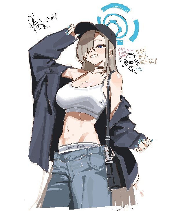 1girl anyak05 asuna_(blue_archive) bag baseball_cap black_bag black_hat black_jacket blonde_hair blue_archive blue_eyes blue_halo breasts calvin_klein choker doodle_sensei_(blue_archive) female_focus hair_over_one_eye halo hat jacket long_hair looking_at_viewer midriff mole mole_on_breast pants sensei_(blue_archive) shoulder_bag smile standing tagme tank_top underwear underwear_peek white_background white_tank_top