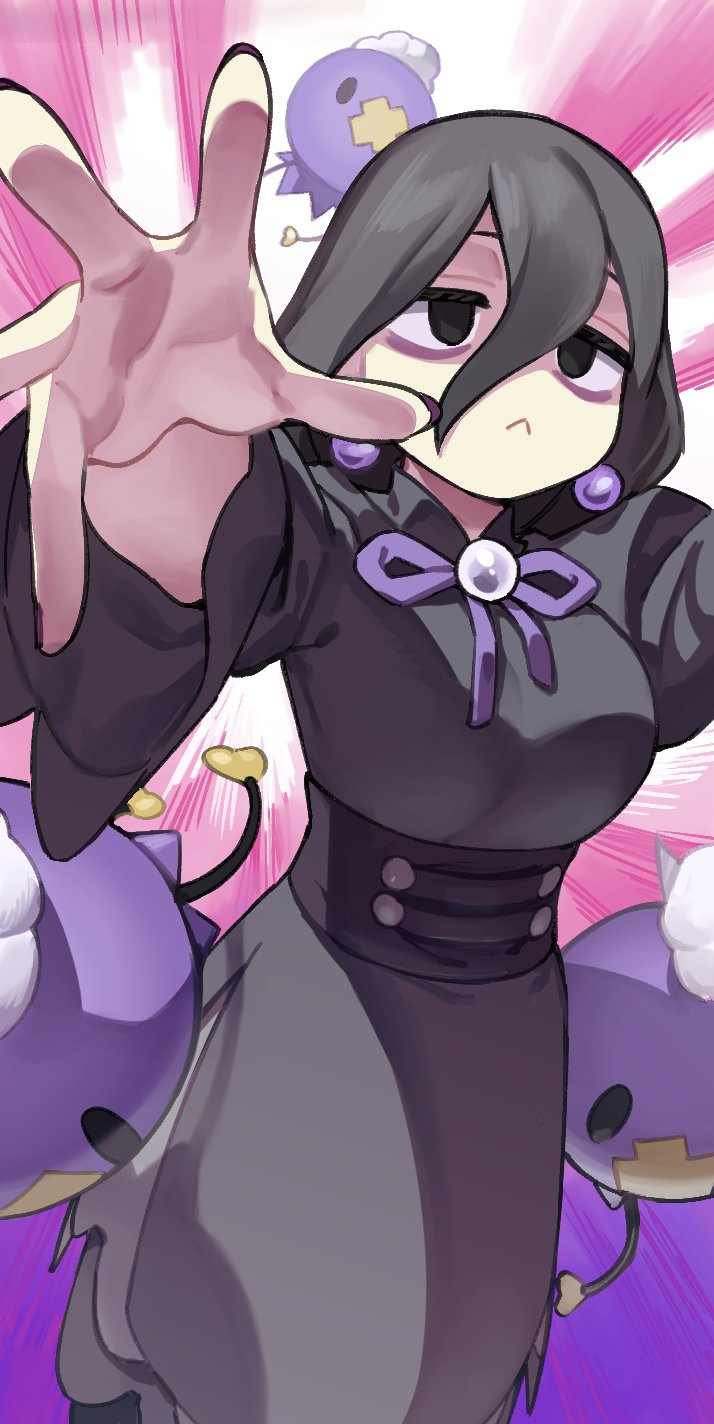 1girl bags_under_eyes black_eyes black_hair breasts brooch dress drifloon earrings game_freak gen_4_pokemon hair_between_eyes hex_maniac_(pokemon) hex_maniac_(pokemon_legends:_z-a) highres jewelry long_hair medium_breasts mojyo muchi_maro nail_polish nintendo pokemon pokemon_(creature) pokemon_legends:_z-a simple_background