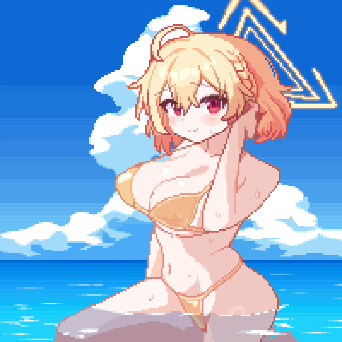1girl ahoge alternate_costume arm_at_side bikini blonde_hair blue_archive blue_sky blush breasts cleavage closed_mouth cloud commentary cowboy_shot cumulonimbus_cloud curvy day double-parted_bangs hair_between_eyes halo halterneck hand_up highres kotori_(blue_archive) large_breasts looking_at_viewer navel ocean orange_bikini outdoors pixel_art red_eyes short_hair sky smile solo stomach swimsuit tinia_etru triangle_halo wading wet yellow_halo