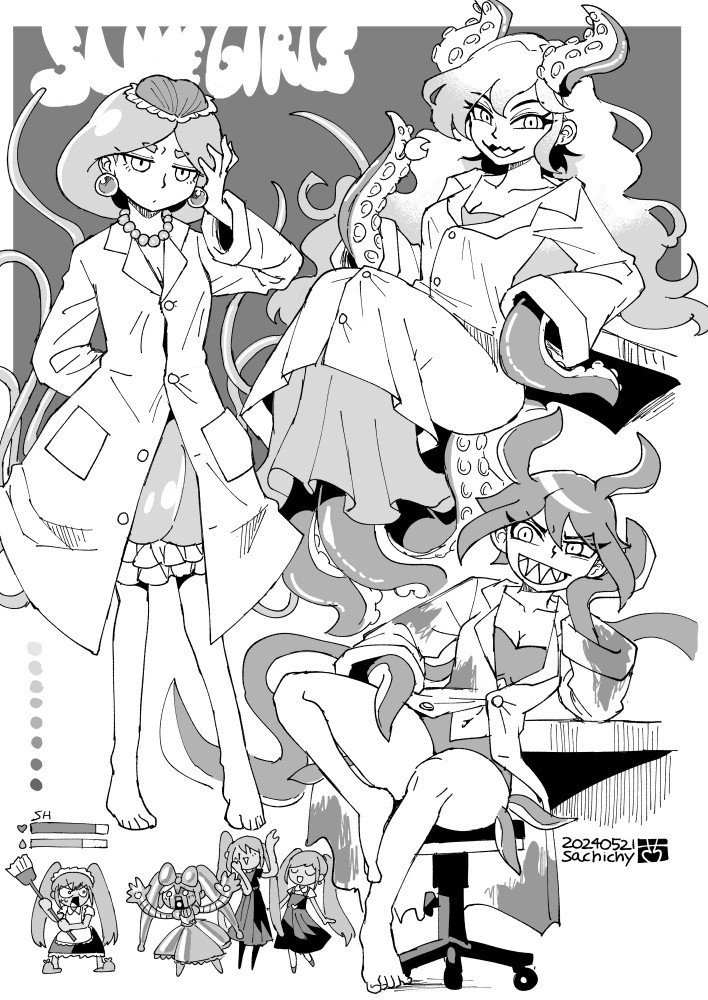 6+girls aizawa_sachi barefoot broom closed_mouth earrings evil_grin evil_smile greyscale grin holding holding_broom jewelry long_hair marina_(omori) medusa_(omori) molly_(omori) monochrome multiple_girls mutantheart_(omori) omori open_mouth parted_lips perfectheart_(omori) roboheart_(omori) robot sharp_teeth short_hair sitting smile sweetheart_(omori) swivel_chair teeth tentacle_hair tentacles twintails