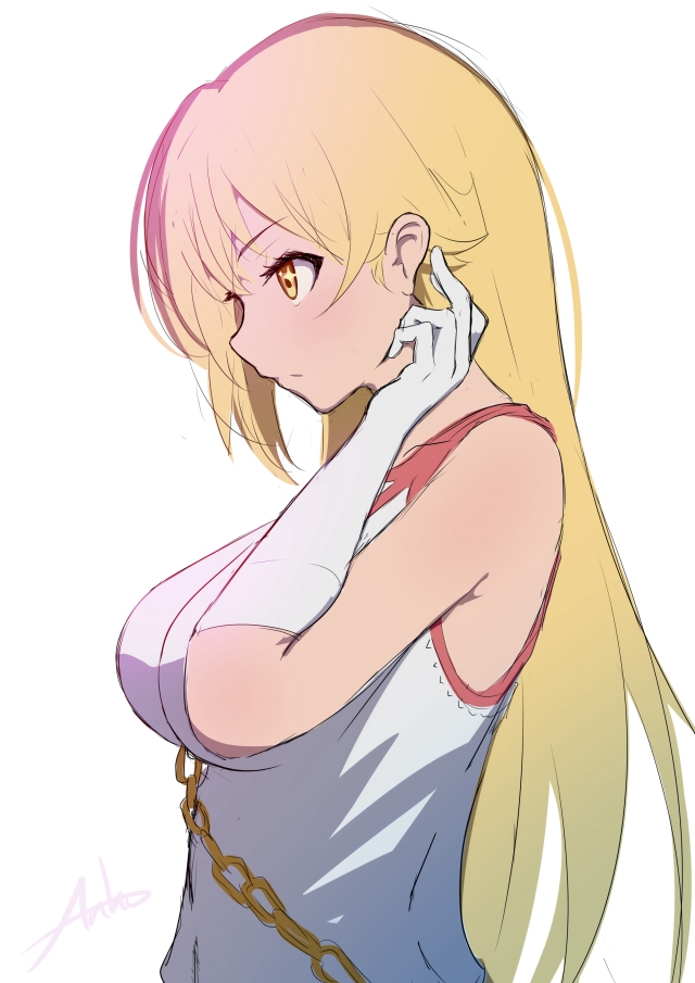 1girl adjusting_hair anho artist_name blonde_hair breasts chain closed_mouth elbow_gloves from_side gloves gym_shirt gym_uniform large_breasts long_hair looking_ahead shirt shokuhou_misaki sleeveless sleeveless_shirt sparkling_eyes toaru_kagaku_no_mental_out toaru_kagaku_no_railgun toaru_kagaku_no_railgun_t toaru_majutsu_no_index tokiwadai_school_gym_uniform upper_body white_background white_gloves white_shirt yellow_eyes