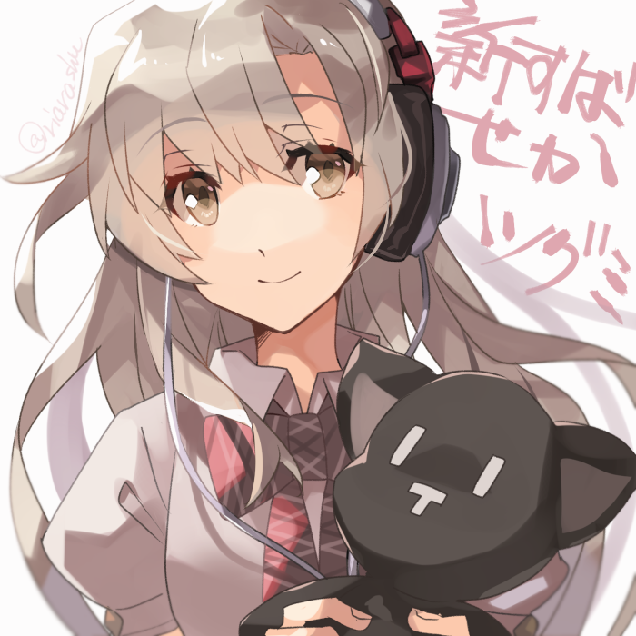1girl brown_eyes closed_mouth collared_shirt eyebrows_hidden_by_hair female_focus grey_hair headphones holding holding_stuffed_toy long_hair looking_at_viewer matsunae_tsugumi nyantan school_uniform shin_subarashiki_kono_sekai shirt smile solo stuffed_animal stuffed_cat stuffed_toy subarashiki_kono_sekai upper_body white_shirt