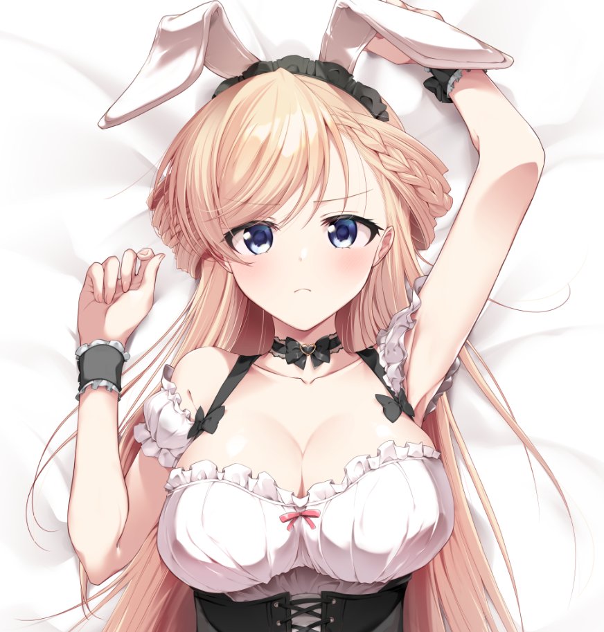 1girl alternate_costume animal_ear_hairband animal_ears araragi_ayune bare_shoulders black_choker black_corset blonde_hair blue_eyes blush bow braid breasts choker cleavage closed_mouth collarbone commentary corset detached_sleeves enmaided fake_animal_ears frilled_choker frilled_wrist_cuffs frills hairband isshiki-san_wa_koi_wo_shiritai. large_breasts long_hair looking_at_viewer lying maid merchandise_available on_back rabbit_ear_hairband rabbit_ears rinna_milford short_sleeves solo swept_bangs symbol-only_commentary upper_body white_sleeves wrist_cuffs