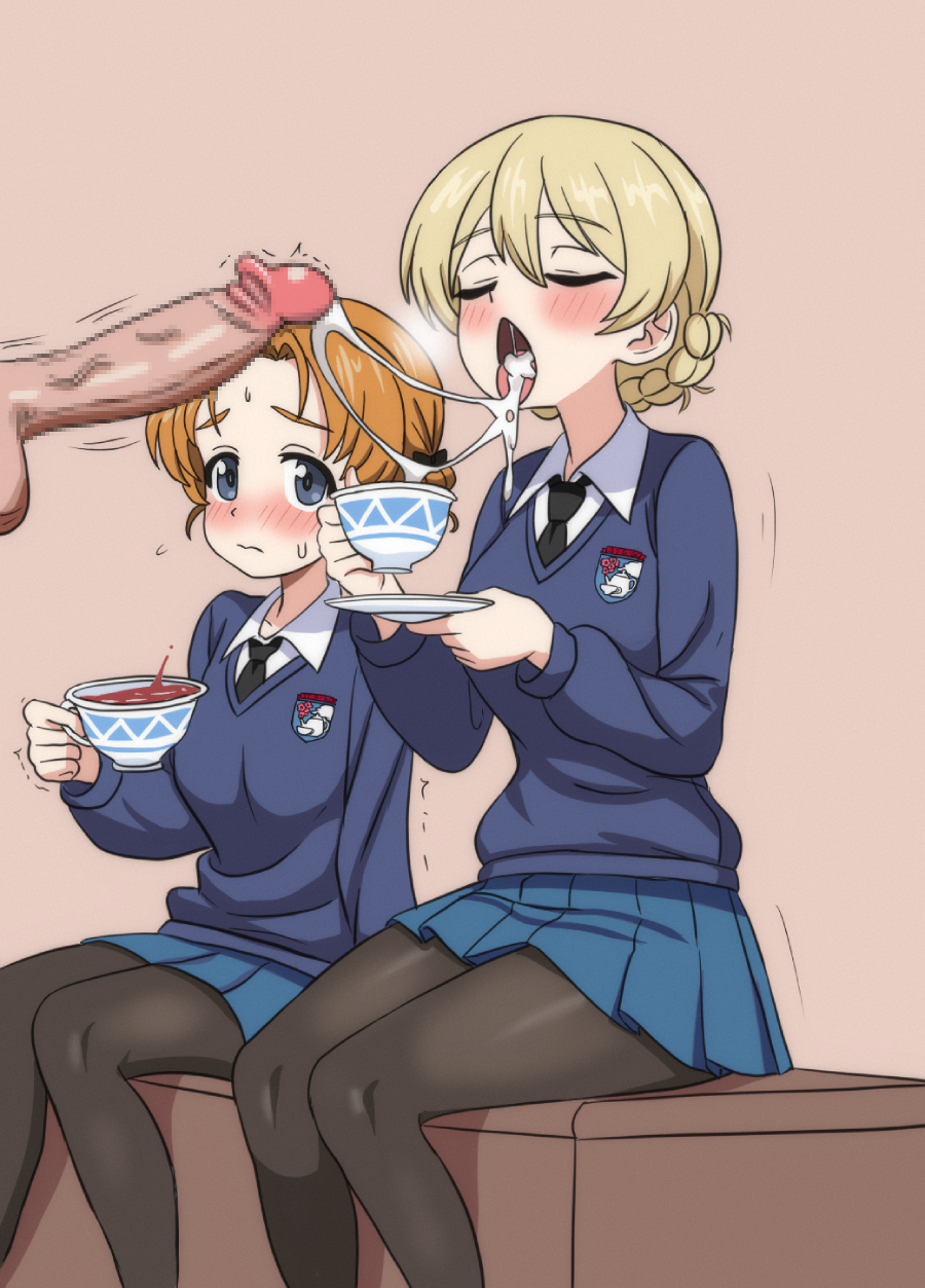 1boy 2girls black_pantyhose blue_eyes blue_skirt blue_sweater blush braid brown_background censored closed_eyes closed_mouth cum cum_in_mouth cum_string cup darjeeling_(girls_und_panzer) ejaculation erection girls_und_panzer gokkun hetero highres hippo_power holding holding_cup miniskirt mosaic_censoring multiple_girls open_mouth orange_hair orange_pekoe_(girls_und_panzer) pantyhose penis pleated_skirt school_uniform simple_background sitting skirt st._gloriana&#039;s_school_uniform sweater tea teacup