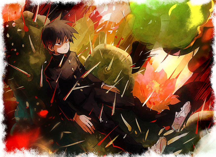 1boy aoki_(fumomo) asymmetrical_hair black_eyes black_hair black_jacket black_pants border buttons cactus closed_mouth collared_jacket commentary_request expressionless flower full_body gakuran hair_between_eyes high_collar impaled jacket kageyama_ritsu layered_sleeves long_sleeves looking_ahead mob_psycho_100 outline pants pink_flower red_outline red_pupils school_uniform shaded_face shoes short_hair sneakers solo spiked_hair spikes sunset undershirt white_border white_shoes