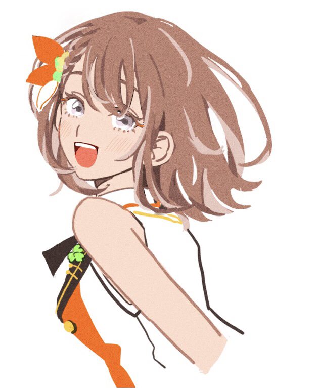 1girl bare_arms blush bow braid braided_bangs brown_hair buttons clover_pin colored_eyelashes cropped_torso eyelashes film_grain grey_eyes hair_behind_ear hair_bow hanasato_minori lapel_pin lapels long_eyelashes looking_at_viewer looking_back open_mouth orange_bow orange_vest project_sekai short_hair simple_background solo swept_bangs ta07 tareme teeth two-tone_bow two-tone_vest unbuttoned unbuttoned_vest upper_body upper_teeth_only vest wavy_hair white_background white_bow white_vest