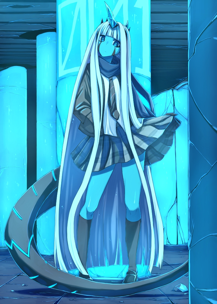 001_(darling_in_the_franxx) 1girl bad_id bad_pixiv_id blue_hair blue_horns blue_skin blue_theme colored_skin darling_in_the_franxx horns light_blue_hair long_hair monochrome oki_kuro oni_horns school_uniform single_horn skirt tail very_long_hair white_hair