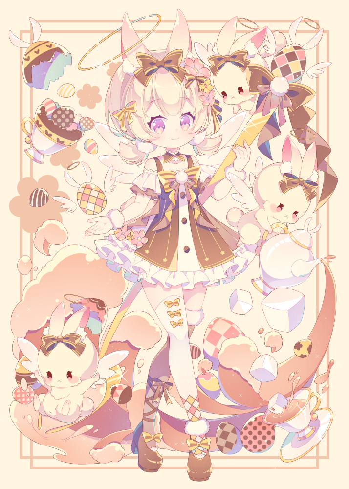 1girl animal_ear_fluff animal_ears asymmetrical_legwear bare_shoulders blonde_hair blush bow bowtie brown_dress brown_shoes brown_thighhighs closed_mouth commentary_request cup dress easter_egg egg flower frilled_dress frills full_body fur-trimmed_thighhighs fur_trim hair_bow hair_flower hair_ornament high_heels holding holding_spoon holding_teapot hyou_(pixiv3677917) looking_at_viewer mismatched_legwear off-shoulder_dress off_shoulder original purple_eyes rabbit rabbit_ears rabbit_girl red_flower shoes short_hair short_sleeves smile solo spoon standing sugar_cube teapot thighhighs white_thighhighs yellow_bow yellow_bowtie yellow_flower