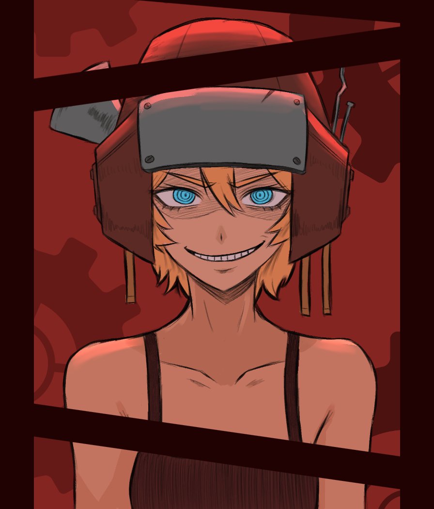 1girl black_tank_top blonde_hair blue_eyes c&#039;venash_vishneri collarbone commentary english_commentary funnibunni gears grin helmet looking_at_viewer medium_hair psychopomp_(game) psychopomp_(helmet) red_background ringed_eyes smile solo tank_top upper_body