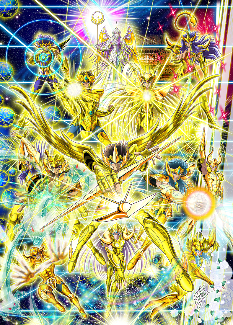 1girl 6+boys aquarius_camus aries_muu arm_up armor arrow_(projectile) athena_(saint_seiya) aura blonde_hair blue_hair bow_(weapon) brown_hair cancer_death_mask capricorn_shura dragon fighting_stance fingernails flower full_armor full_body gemini_saga glowing_armor glowing_hands gold_armor gold_aura gold_saint golden_wings helmet holding holding_bow_(weapon) holding_staff holding_weapon incoming_attack kido_saori leo_aiolia libra_douko long_hair looking_at_viewer marco_albiero metal_wings multiple_boys pisces_aphrodite planet purple_hair rose sagittarius_aioros saint_seiya scorpio_milo sharp_fingernails signature sky sparkle staff standing star_(sky) starry_sky taurus_aldebaran very_long_hair virgo_shaka weapon white_flower white_rose