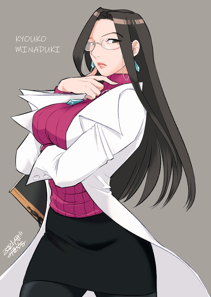 1girl alternate_color arm_under_breasts black_hair black_pantyhose black_skirt breasts character_name commentary_request earrings fingers_to_chin hand_on_own_chin jewelry justice_gakuen lab_coat long_hair long_sleeves minazuki_kyouko miniskirt misodiru necklace notebook pantyhose pink_sweater ribbed_sweater signature skirt solo sweater typo