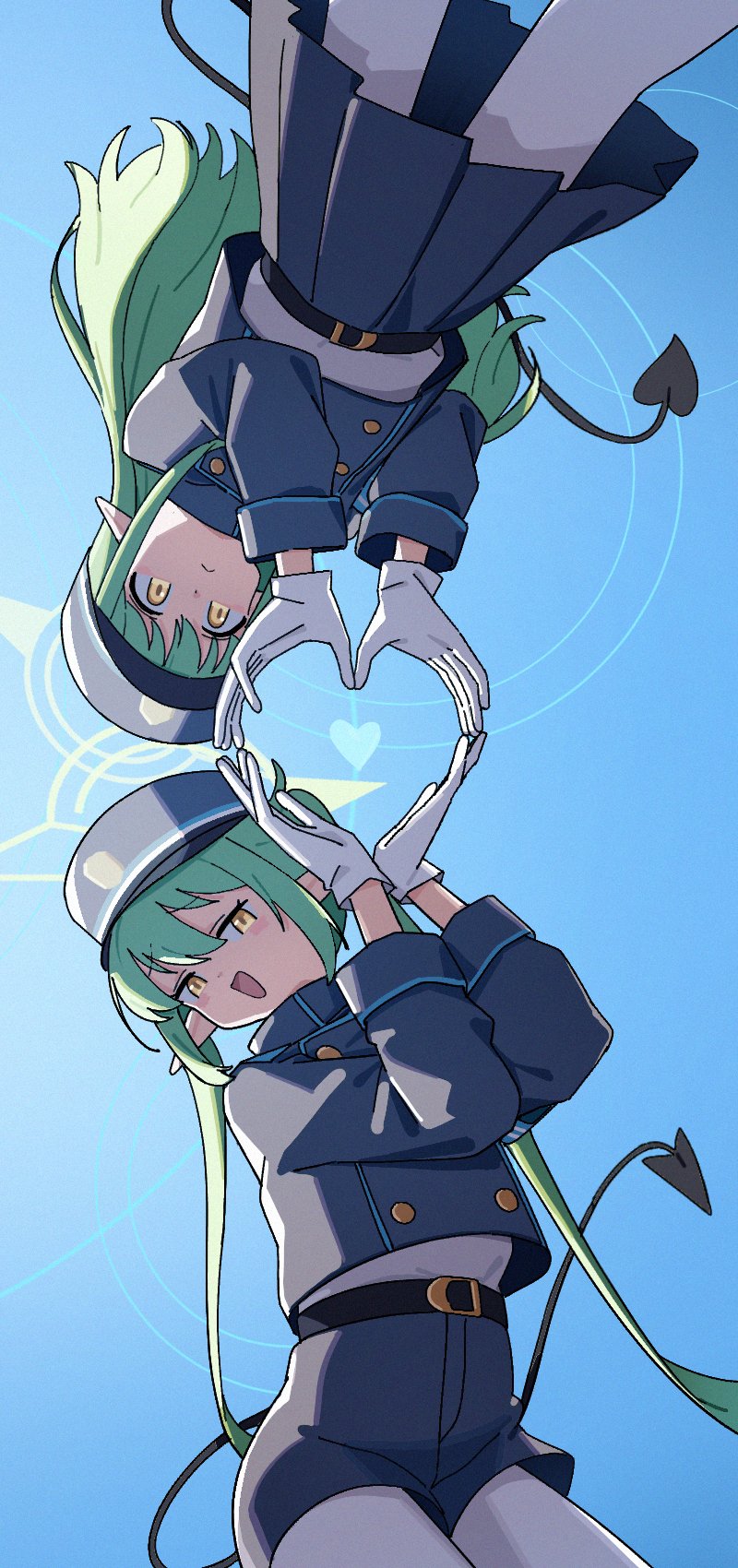2girls adon_(dufaladanidu) black_hat black_jacket black_shorts black_skirt black_tail blue_archive blue_sky buttons closed_mouth double-breasted from_below gloves green_hair green_halo halo hat heart heart_hands heart_in_heart_hands highres hikari_(blue_archive) jacket long_hair looking_at_viewer looking_down multiple_girls nozomi_(blue_archive) open_mouth pantyhose pointy_ears shorts skirt sky smile tail twintails very_long_hair white_gloves white_pantyhose yellow_eyes