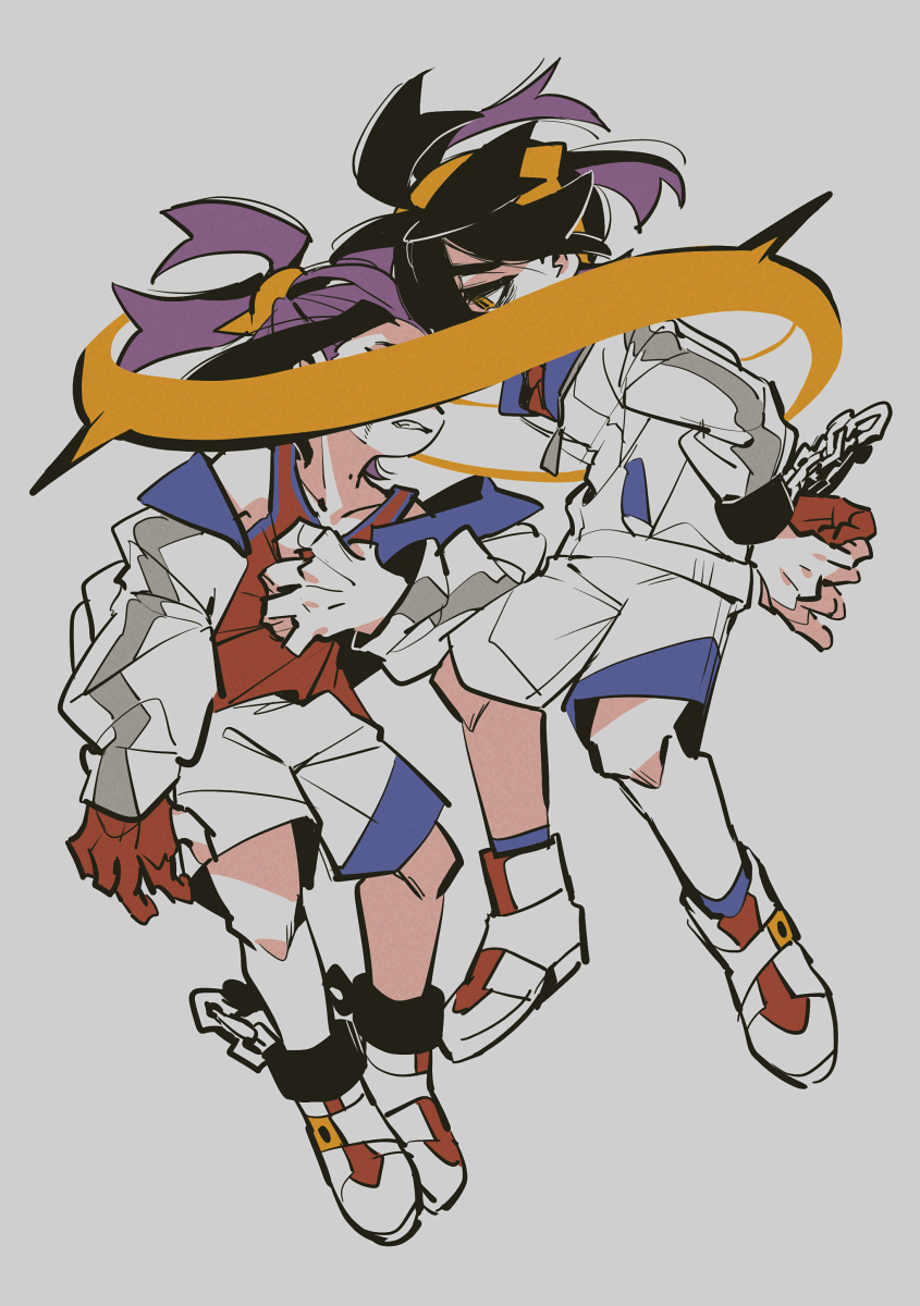 2boys ahoge ankle_cuffs bags_under_eyes black_hair blue_shirt chain clenched_hand clenched_teeth collared_shirt commentary_request covered_eyes covered_mouth crossed_bangs cuffs dual_persona frown full_body gloves grabbing_own_shirt grabbing_shirt hair_between_eyes hair_tie hair_tied hair_up hairband handcuffed handcuffs highres in_air jacket kieran_(pokemon) looking_at_another loose_hair_strand lunchbox_(artist) male_focus midair mole mole_on_neck multicolored_hair multiple_boys necktie nintendo partially_fingerless_gloves pokemon pokemon_sv ponytail purple_hair red_necktie red_tank_top shirt short_hair shorts simple_background tank_top teeth two-tone_hair white_footwear white_jacket white_shorts yellow_eyes zipper