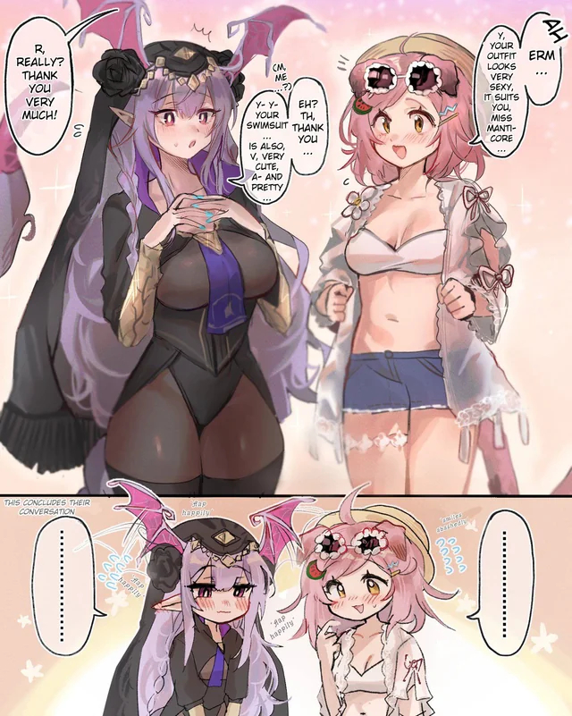 2girls animal_ears arknights blue_shorts cat_ears cat_tail english_text goldenglow_(arknights) goldenglow_(summer_flowers)_(arknights) head_wings kaguura_(kagu) manticore_(arknights) manticore_(under_a_veil)_(arknights) multiple_girls pink_hair shorts tail translated wings