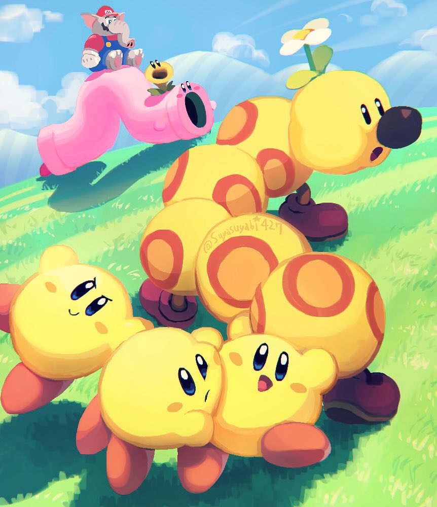 1boy 6+others blue_overalls blue_sky boots brown_footwear cloud day elephant_mario gloves grass hat inchworm_pipe kirby kirby_(series) mario mario_(series) mouthful_mode multiple_others nintendo outdoors overalls red_headwear red_shirt shirt sitting sky super_mario_bros._wonder suyasuyabi talking_flower_(mario) warp_pipe white_gloves wiggler