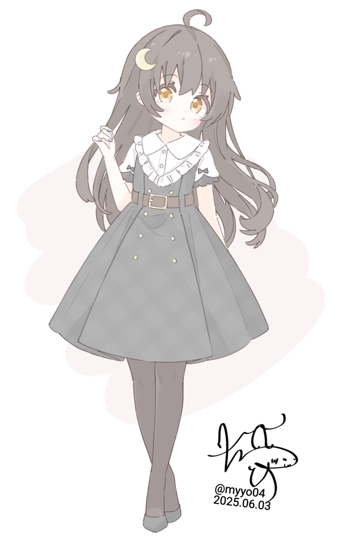 1girl ahoge belt black_hair black_pantyhose black_shoes brown_belt chame_(myyo04) closed_mouth crescent crescent_hair_ornament dated dot_mouth dot_nose dress full_body grey_dress hair_ornament head_tilt high_heels kantai_collection long_hair looking_at_viewer mikazuki_(kancolle) pantyhose plaid_clothes plaid_dress shoes short_sleeves sidelocks signature solo standing tachi-e yellow_eyes