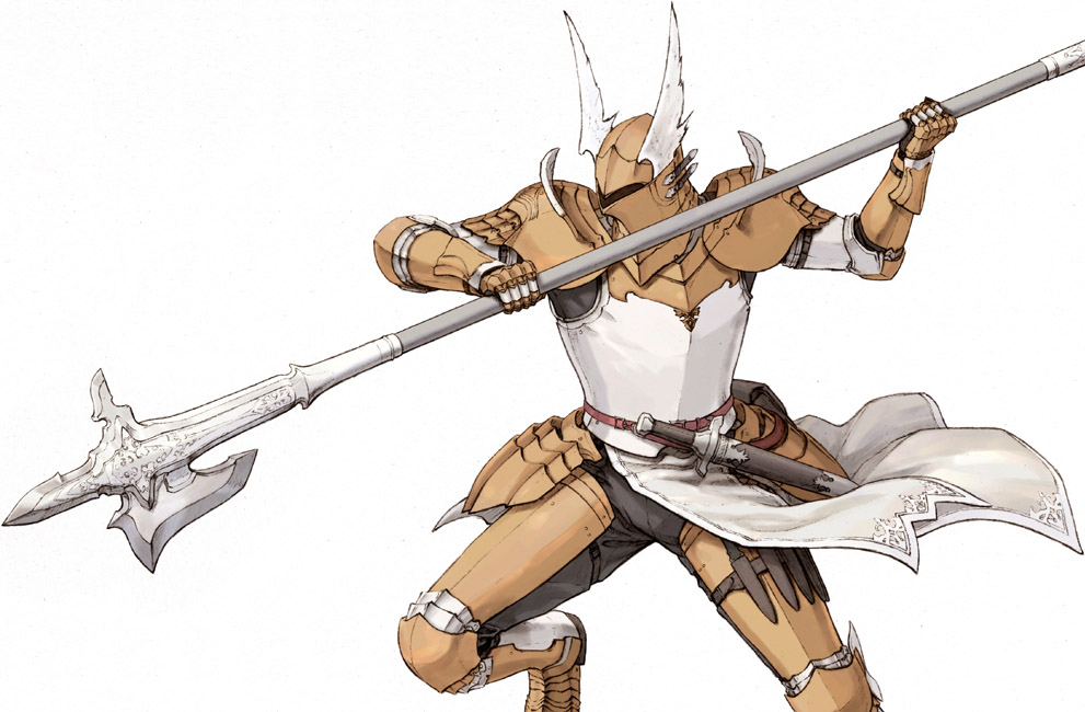 1other ambiguous_gender armor dragoon_(tactics_ogre) fuji_(d38635s10) gauntlets helmet holding holding_spear holding_weapon polearm sheath sheathed shoulder_armor spear sword tactics_ogre weapon white_background