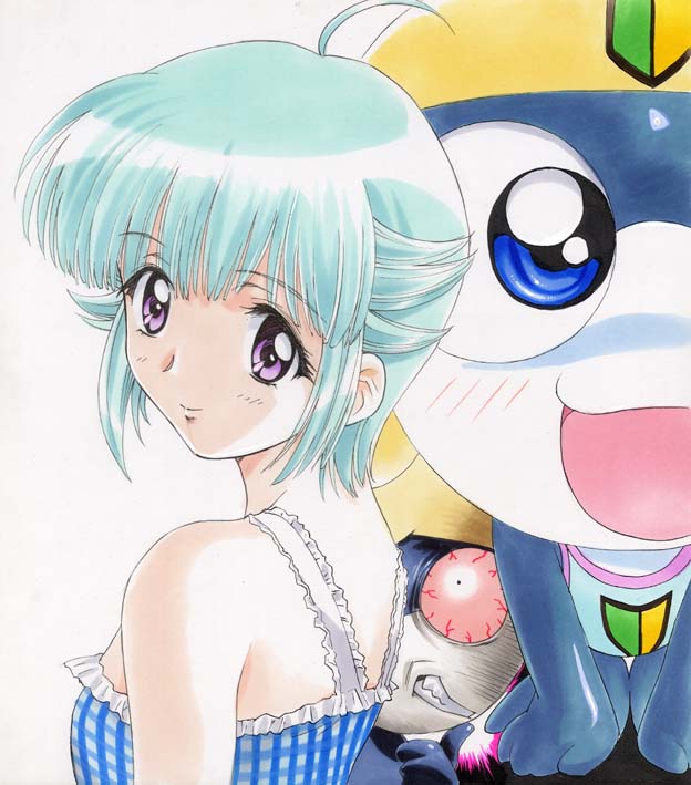 1girl angry blue_eyes blue_hair kawarajima_kou keroro_gunsou looking_at_viewer nishizawa_momoka purple_eyes smile tamama
