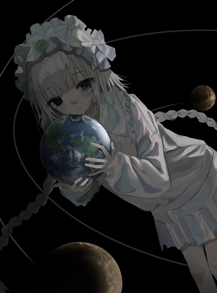 1girl bandaid bandaid_on_face bandaid_on_nose blue_eyes blue_skirt blunt_bangs bonnet braid chewing choker closed_mouth commentary_request earth_(planet) eating feet_out_of_frame frilled_choker frilled_shirt_collar frills giant giantess grey_hair hayu_(hayu0305) holding_planet long_hair long_sleeves looking_at_viewer orbital_path original planet pleated_skirt skirt solar_system solo space star_(symbol) sweater twin_braids twintails very_long_hair white_choker white_sweater