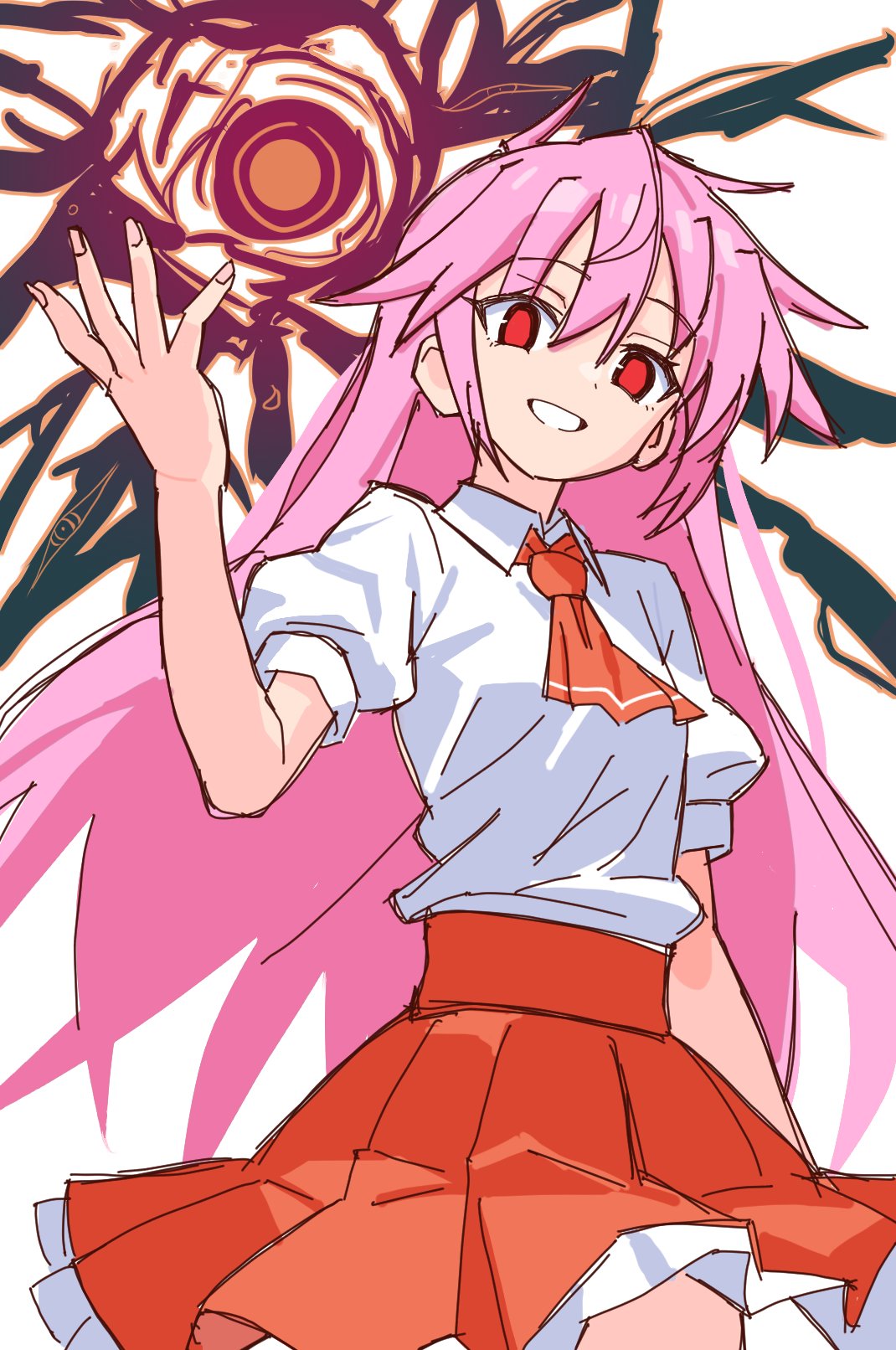1girl collared_shirt highres kurusu_miki little_princess_(alicesoft) little_princess_miki long_hair looking_at_viewer magic matuo3232 pink_hair rance_(series) rance_x red_eyes shirt sketch skirt smile solo very_long_hair