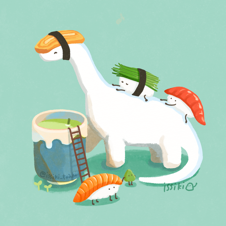 artist_name cup dinosaur fish_(food) food food-themed_creature green_tea issiki_toaki ladder nigirizushi no_humans original sushi tea twitter_username yunomi