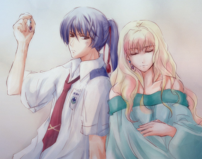 00s 1boy 1girl bad_id bad_pixiv_id be be_(beaker) beaker blonde_hair closed_eyes collared_shirt gradient_background looking_at_viewer macross macross_frontier necktie ponytail purple_hair red_necktie saotome_alto sheryl_nome shirt short_sleeves sleeping white_shirt