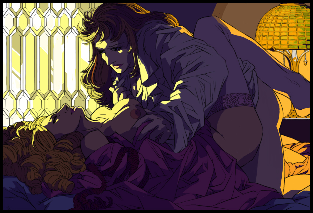 2girls bed blonde_hair breasts brown_hair clothed_sex ichinomiya_fukiko incest large_breasts lingerie lipstick long_hair makeup misonoo_nanako multiple_girls oniisama_e... open_clothes quaedam retro_artstyle ringlets sex siblings sisters thighhighs underwear yuri