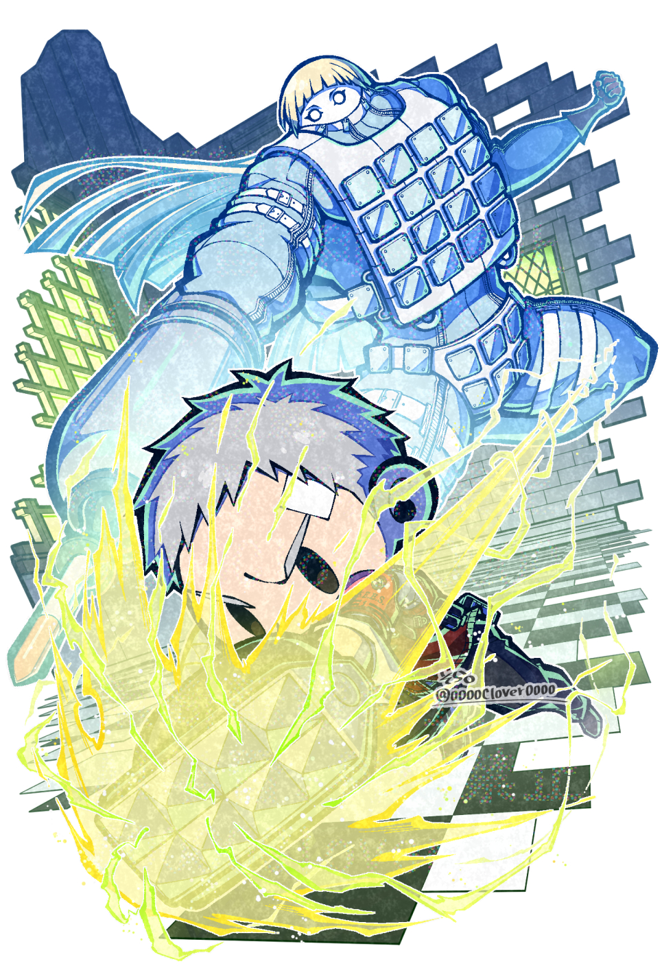 04sora40 1boy armband bandaid bandaid_on_face bandaid_on_forehead black_pants deformed electricity fighting_stance full_body gekkoukan_high_school_uniform grey_hair highres male_focus pants persona persona_(summon) persona_3 persona_3_reload polydeuces punching red_armband red_sweater s.e.e.s sanada_akihiko school_uniform short_hair spiked_knuckles sweater twitter_username