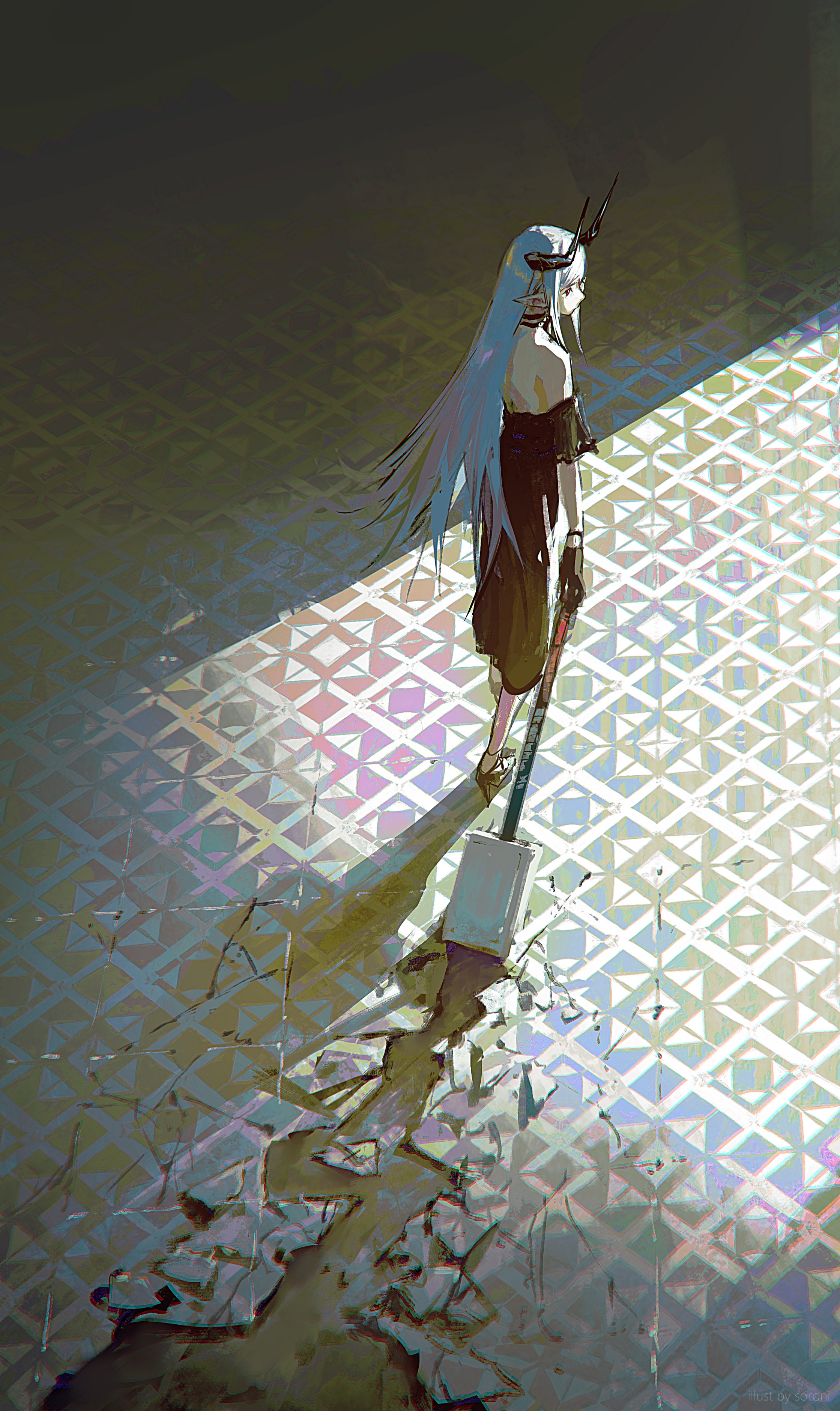 1girl absurdres arknights backless_dress backless_outfit black_choker black_dress black_gloves black_horns black_sandals choker crack cracked_floor dress full_body gloves highres holding holding_mace holding_weapon horns mace mudrock_(arknights) pointy_ears red_eyes sandals solo sorrowny walking weapon white_hair