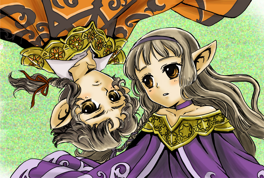 1boy 1girl atlus brown_eyes brown_hair hairband lippti pointy_ears radiant_historia rotational_symmetry teo