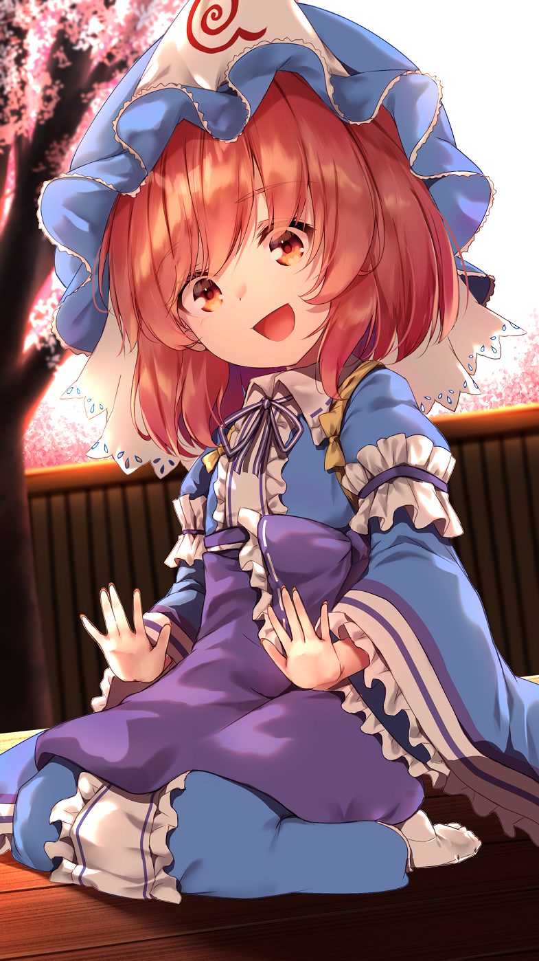 aged_down blue_hat blue_kimono cherry food frilled_kimono frills fruit hat highres japanese_clothes kimono kneeling long_sleeves looking_at_viewer merxkialis mob_cap neck_ribbon obi open_mouth pink_eyes pink_hair ribbon saigyouji_yuyuko saigyouji_yuyuko_(tiny_ghost_mistress) sash short_hair smile tabi touhou triangular_headpiece wide_sleeves