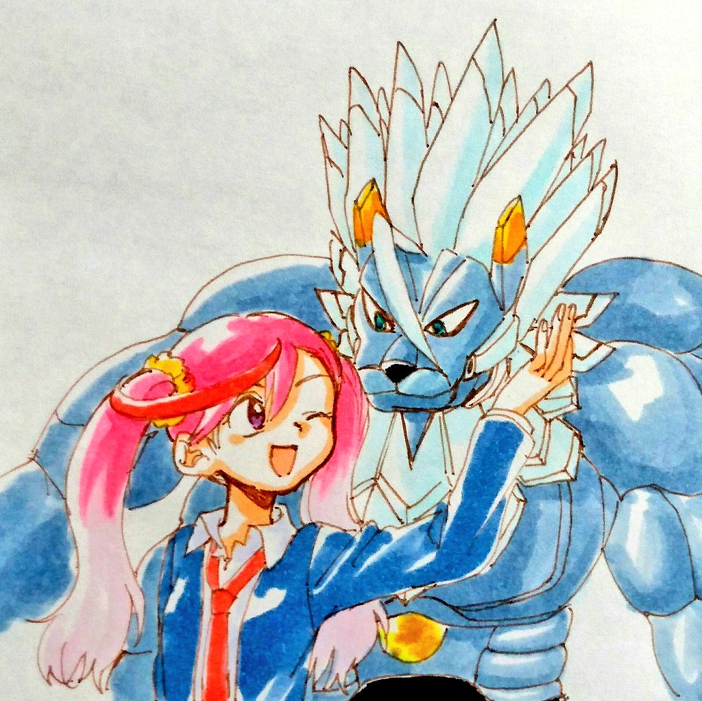 1boy 1girl coat digimon digimon_(creature) digimon_universe:_appli_monsters karan_eri long_hair muscular muscular_male necktie oujamon shorts twintails