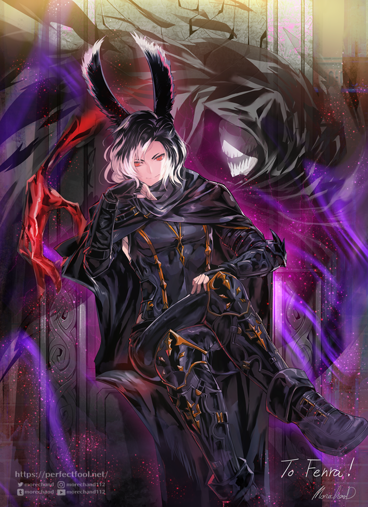 1boy animal_ears warrior_of_light_(ff14) brown_hair cape closed_mouth commission darkness final_fantasy final_fantasy_xiv fingerless_gloves gloves hand_on_own_cheek hand_on_own_face hand_rest hand_up leaning_to_the_side crossed_legs long_sleeves looking_at_viewer male_focus medium_hair moreshan multicolored_hair pants rabbit_ears reaper_(final_fantasy) red_eyes signature sitting skeb_commission smile two-tone_hair vest viera voidsent watermark web_address white_hair