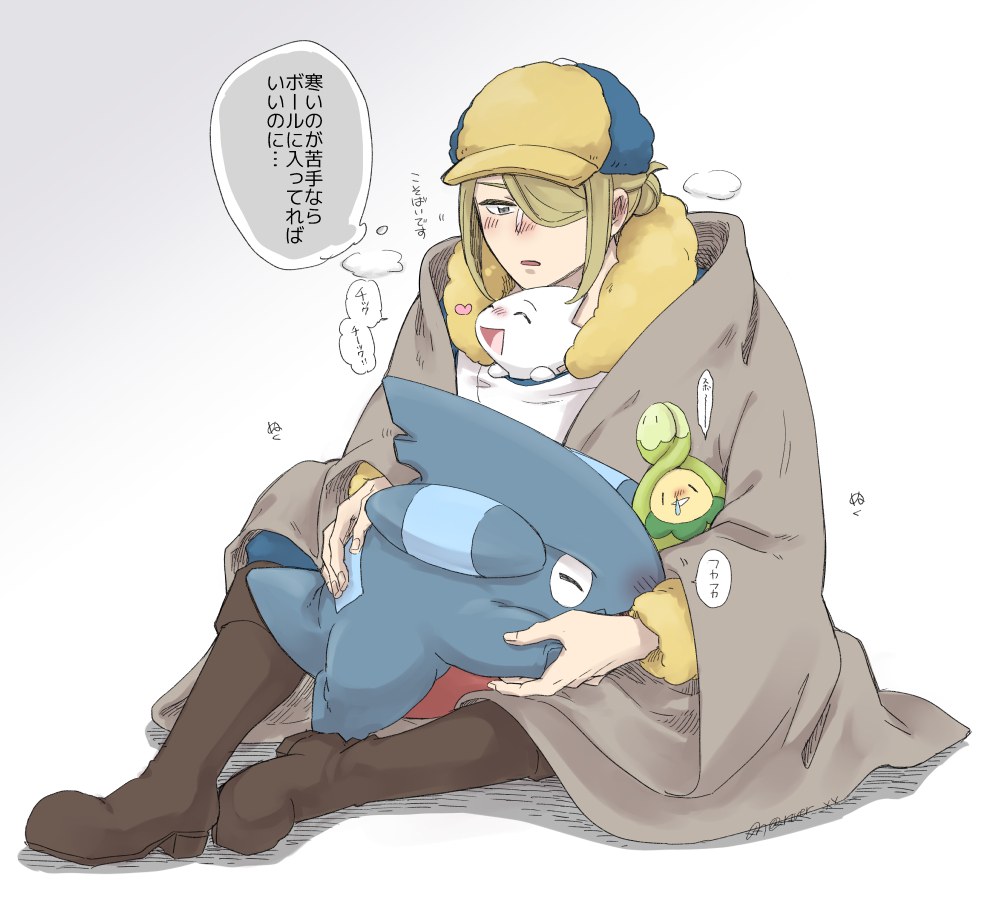 1boy a_nori blanket blonde_hair budew commentary_request gen_2_pokemon gen_4_pokemon gible grey_eyes hair_over_one_eye hat male_focus nintendo on_ground on_lap one_eye_covered pokemon pokemon_legends:_arceus short_hair sleeping snot togetic translation_request volo_(pokemon)