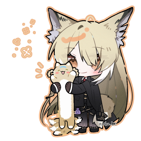 1girl animal animal_ears animalization arknights black_coat black_jacket black_pants blush chibi closed_eyes coat fox_ears fox_girl fox_tail holding holding_animal jacket kitsune kyuubi long_hair mother_and_daughter multiple_tails o_chu_pen orange_eyes pants suzuran_(arknights) tail very_long_hair vulpisfoglia_(arknights)
