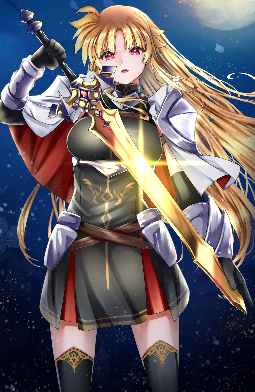 1girl :o adapted_weapon alternate_costume armor black_dress black_gloves black_thighhighs blonde_hair commentary_request dress elbow_gloves fate_testarossa gloves highres holding holding_sword holding_weapon long_hair looking_at_viewer lyrical_nanoha mahou_shoujo_lyrical_nanoha_strikers night night_sky paid_reward_available parted_bangs pauldrons red_eyes shoulder_armor sky solo sougetsu_izuki standing star_(sky) starry_sky sword thighhighs unsheathed weapon