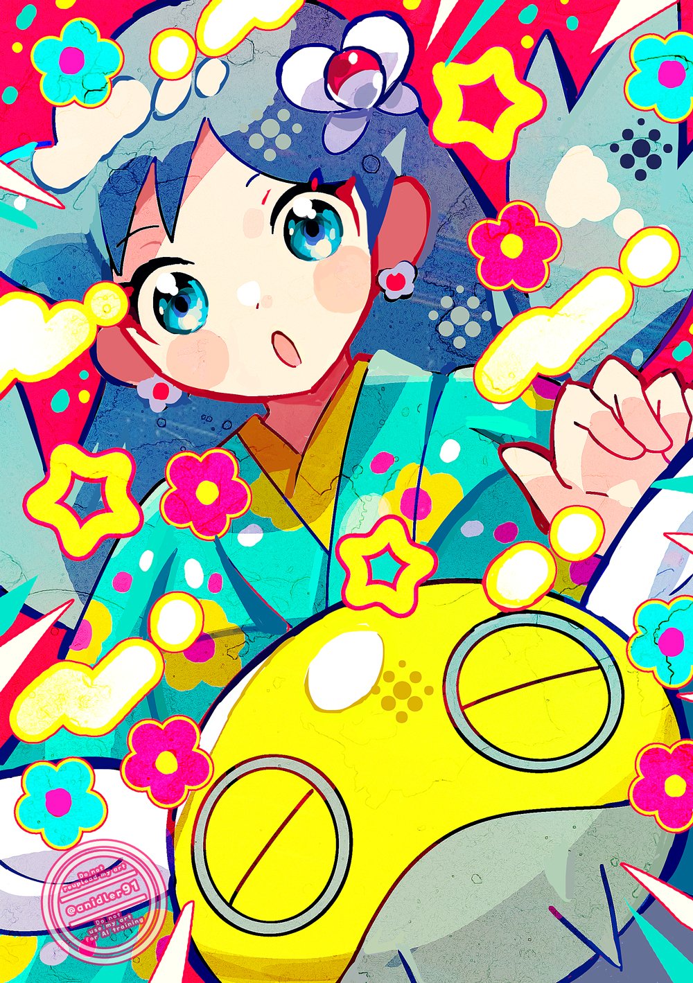 1girl :o alternate_costume anidler91 blue_eyes blue_hair blue_kimono creatures_(company) dunsparce earrings flower_earrings game_freak gen_2_pokemon highres japanese_clothes jewelry kimono kris_(pokemon) looking_at_viewer nintendo open_mouth pokemon pokemon_(creature) pokemon_gsc star_(symbol) upper_body