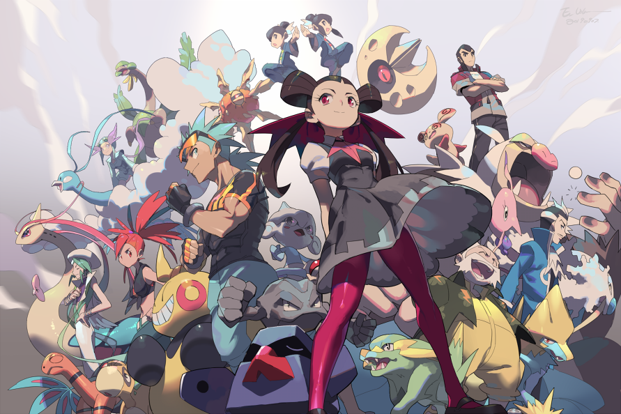 4girls 6+boys altaria aqua_hair black_pants brawly_(pokemon) brown_hair closed_mouth crossed_arms e_volution electrike eyelashes flannery_(pokemon) floating_hair from_below gen_1_pokemon gen_3_pokemon geodude gloves gorebyss gym_leader juan_(pokemon) liza_(pokemon) long_hair lunatone luvdisc makuhita manectric meditite milotic multiple_boys multiple_girls muscular nintendo norman_(pokemon) nosepass open_mouth pants pantyhose pink_eyes pink_legwear pokemon pokemon_(creature) pokemon_oras purple_hair red_eyes red_hair riding riding_pokemon roxanne_(pokemon) shirt short_sleeves slaking smile solrock spinda tate_(pokemon) teeth tied_shirt tongue torkoal tropius wallace_(pokemon) walrein wattson_(pokemon) winona_(pokemon)