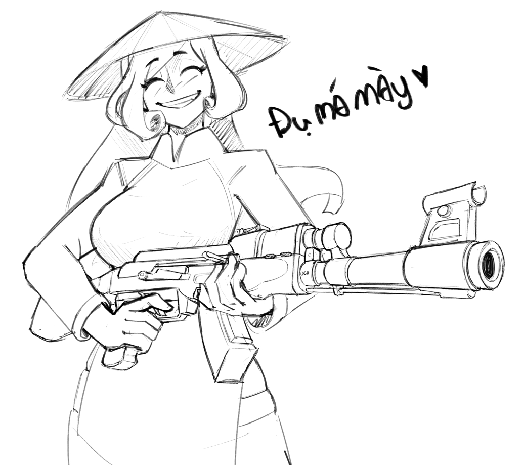 1girl ^_^ ak-47 assault_rifle breasts closed_eyes commentary cosmikaizer fate/grand_order fate_(series) greyscale gun holding holding_gun holding_weapon kalashnikov_rifle large_breasts monochrome parted_lips rifle sketch skindentation smile solo symbol-only_commentary translation_request trung_trac_(fate) ao_dai vietnamese_text weapon white_background