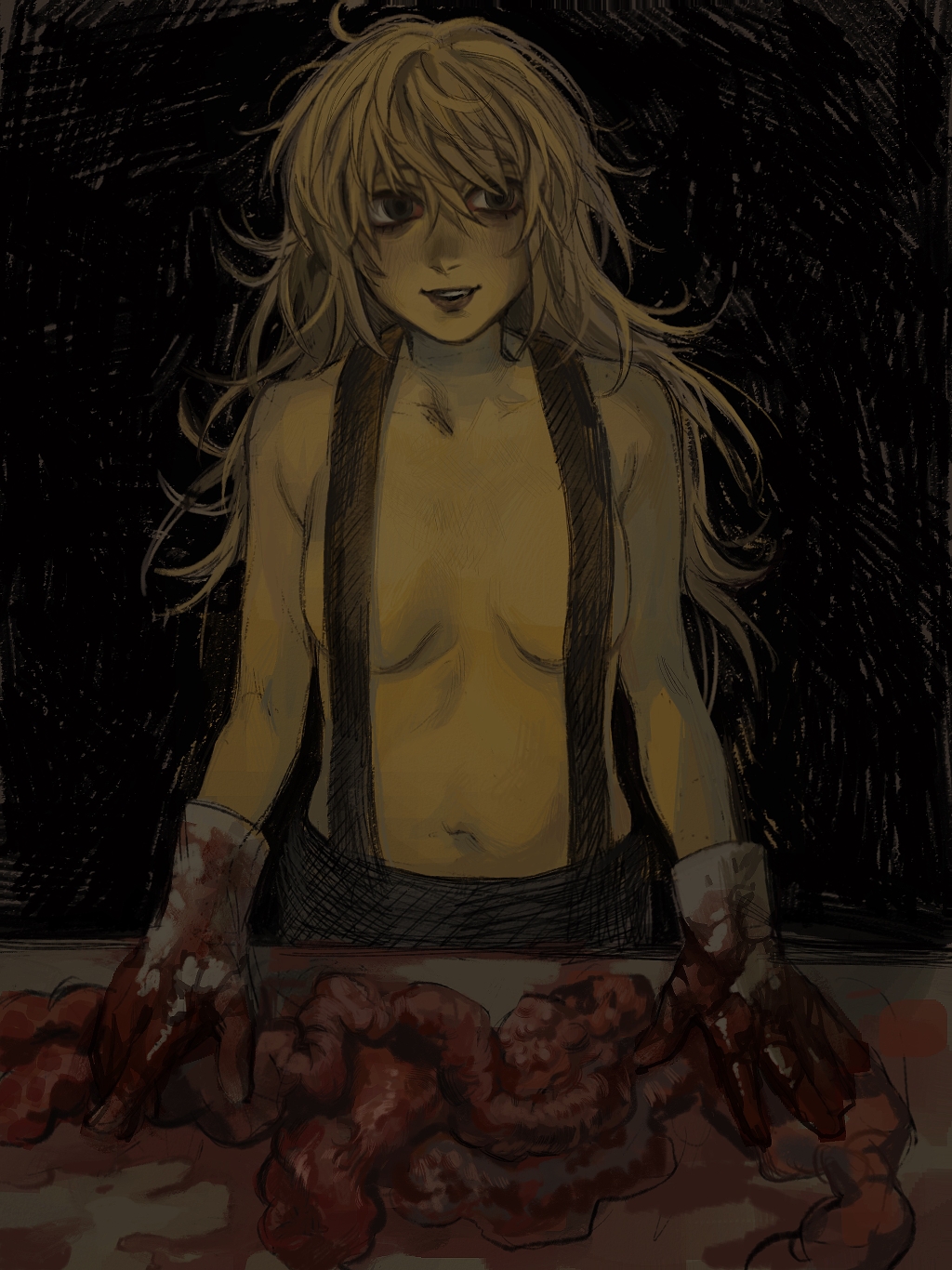 1girl blonde_hair blood blood_on_clothes choujin_x elichooon gloves highres intestines naked_suspenders navel shishinegura_palma smile solo suspenders teeth upper_teeth_only