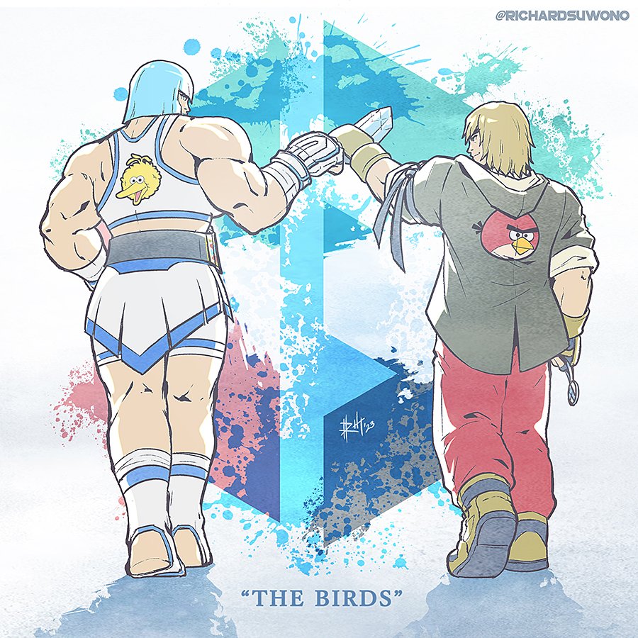 1boy 1girl angry_birds biceps big_bird_(sesame_street) blonde_hair blue_hair character_print crop_top english_text esports evolution_championship_series fist_bump jacket ken_masters marisa_(street_fighter) muscular muscular_female official_alternate_color red_(angry_birds) richard_suwono sesame_street shorts shorts_under_skirt skirt street_fighter street_fighter_6 trophy