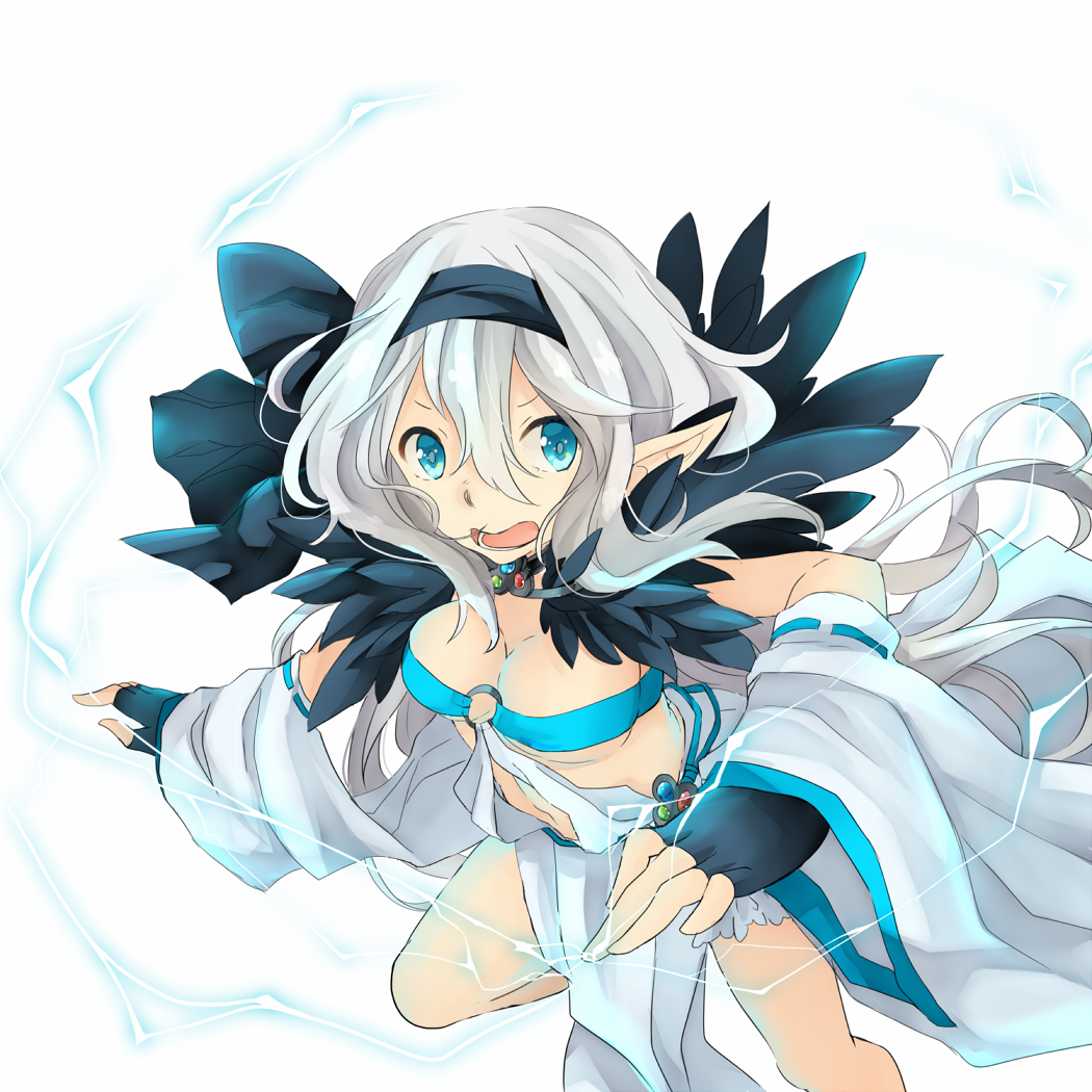 1girl black_gloves black_hairband blue_eyes breasts cleavage commentary_request detached_sleeves dress electricity electrokinesis feet_out_of_frame fingerless_gloves fur_collar gloves grey_hair hair_between_eyes hairband large_breasts long_bangs long_hair looking_at_viewer meiko_(nattu303) open_mouth pointy_ears ragnarok_online ribbon-trimmed_thighhighs ribbon_trim simple_background sleeveless sleeveless_dress solo sorcerer_(ragnarok_online) thighhighs v-shaped_eyebrows white_background white_dress white_sleeves