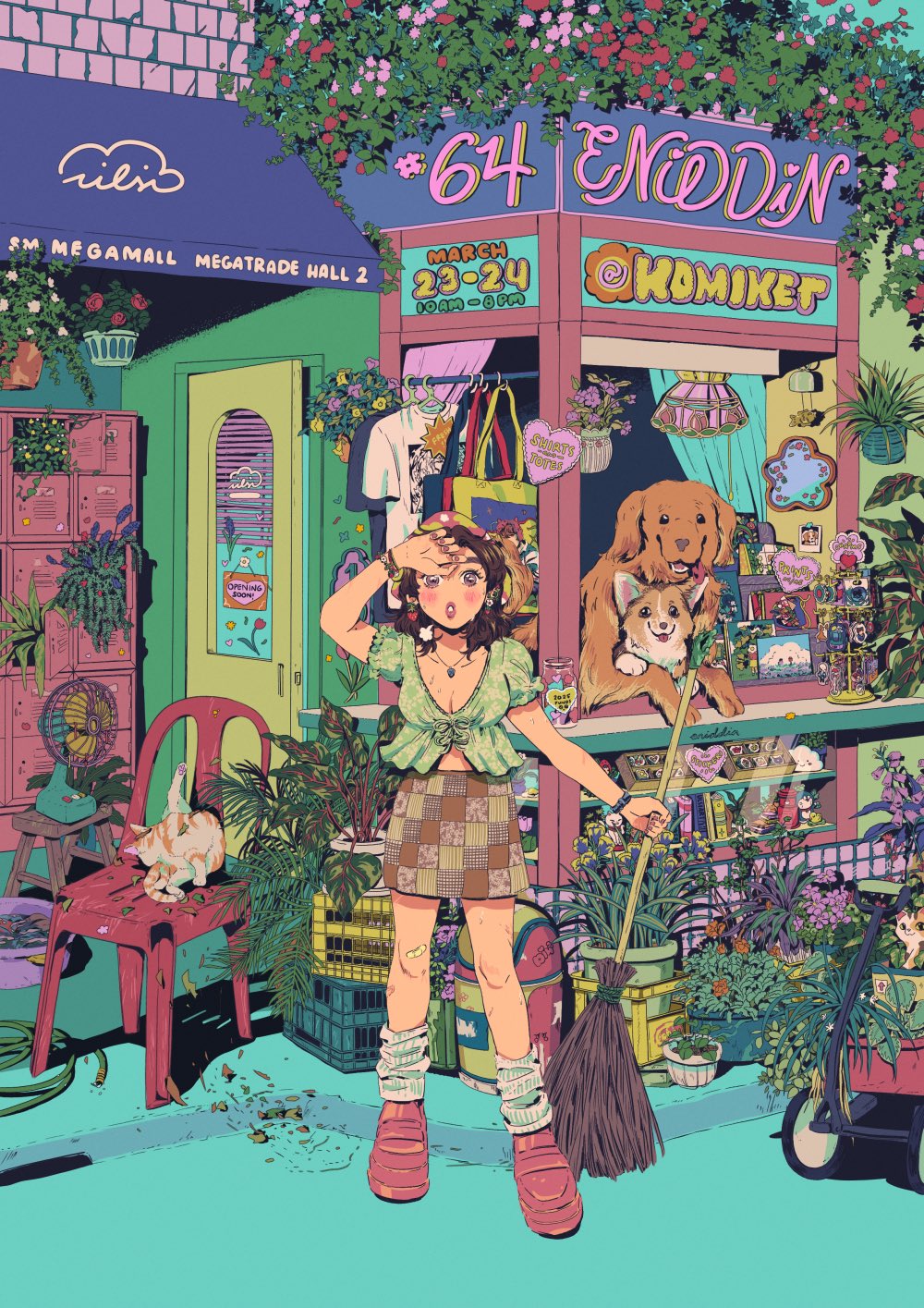1girl animal architecture awning bandaid bandaid_on_knee bandaid_on_leg blush box breasts brick_wall broom carton cat chair cleavage clothes_hanger complex_exterior day dog electric_fan eniddin flower foliage full_body garden green_shirt highres holding holding_broom jewelry leg_warmers locker market_stall medium_hair nail_polish original outdoors plant postcard poster_(medium) potted_plant puffy_sleeves rose shirt shoes skirt smile solo trash_can wagon welsh_corgi wide_shot